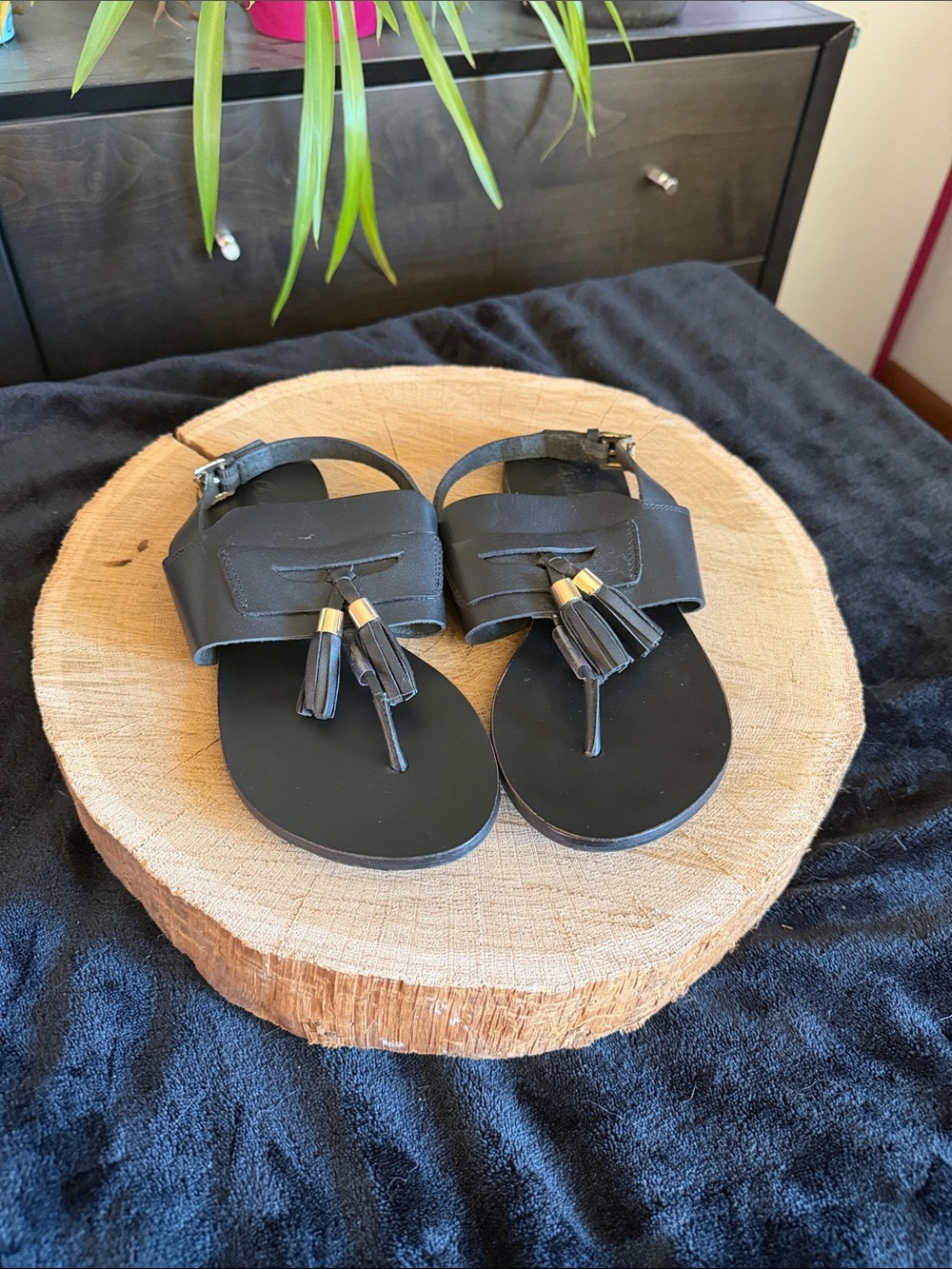 Charlie Paige Black Leather Tassel Slingback Sandals